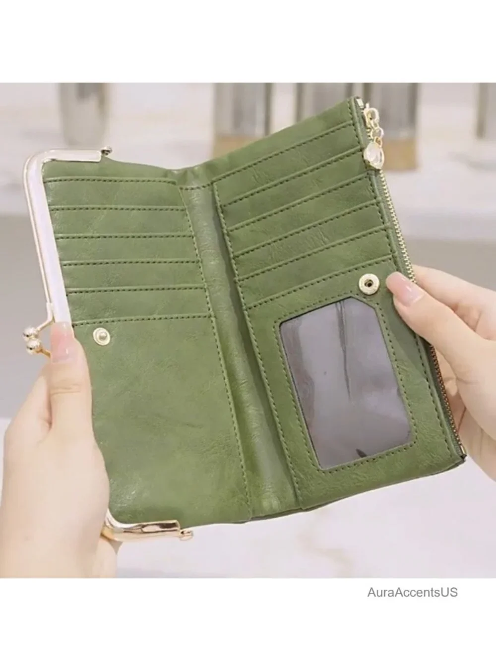 Vintage Women Long Bifold Wallet with Kiss Lock & Zip Coin Pocket Faux Leather